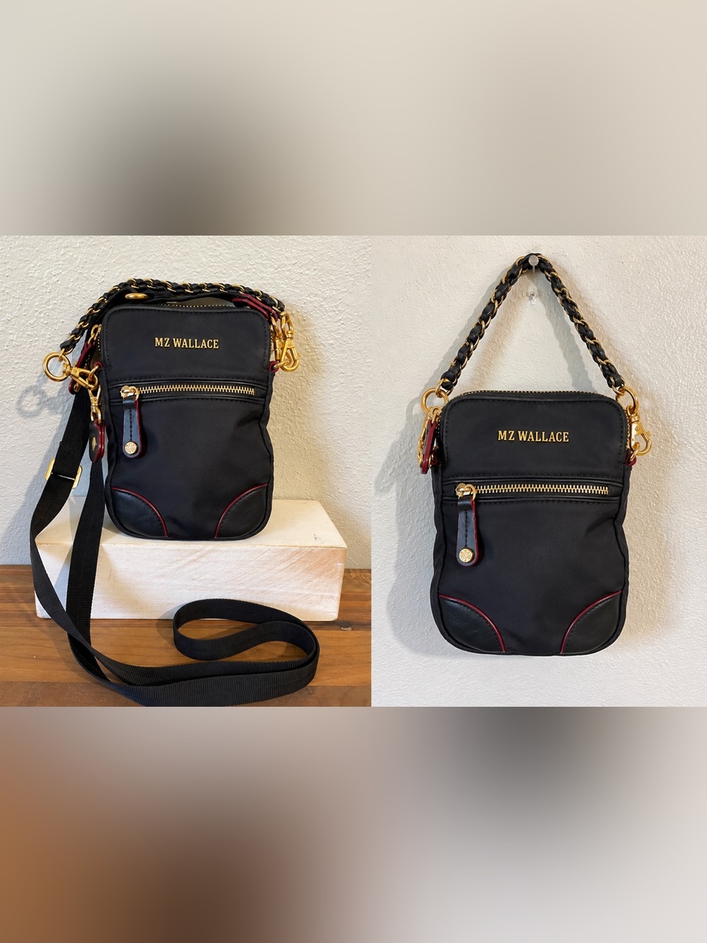MZ Wallace Black Nylon Leather Mini Crossbody Bag Gold Chain Sporty Luxe Compact